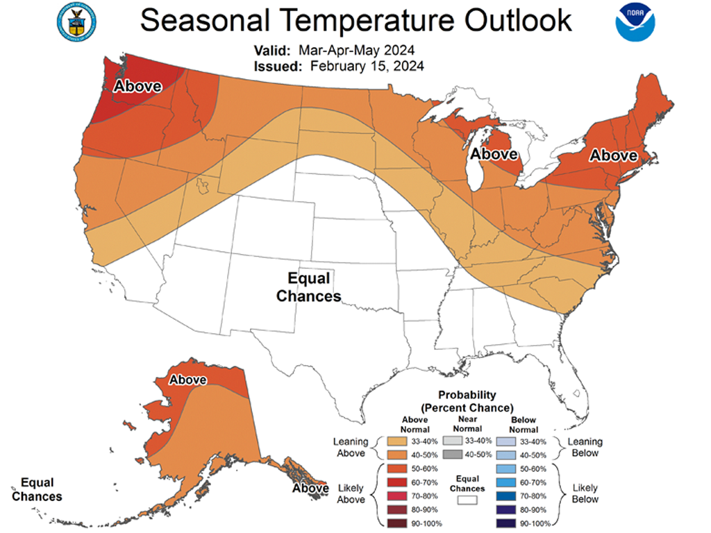 A map of the united states with different colored areas showing 2024 temperature outlook.