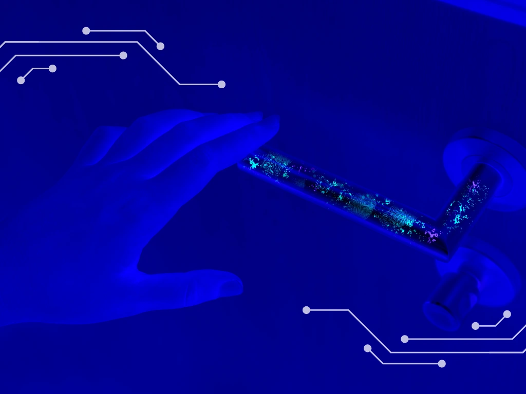 Hand over a door handle, with fingerprints and germs present on the handle; Technologies need to address surface purification as well as air purification to prevent the spread of HAIs.