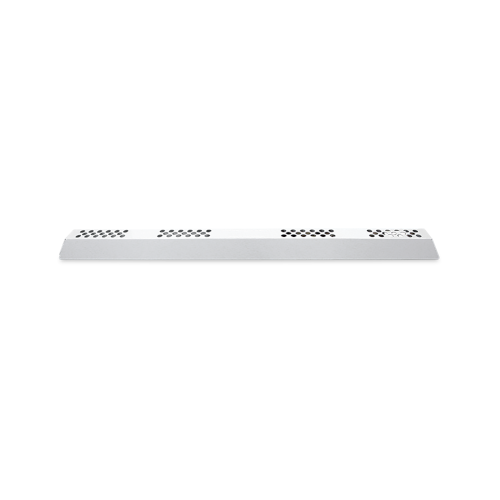 Narrow metal vent cover with circular perforations along its length.