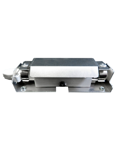 Metal electronic module mounted on a bracket, featuring a central perforated heatsink and a left-side connector/wire fitting.