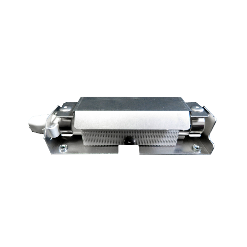 Metal mounting bracket holding a rectangular electromechanical component with a perforated front panel and mounting holes.