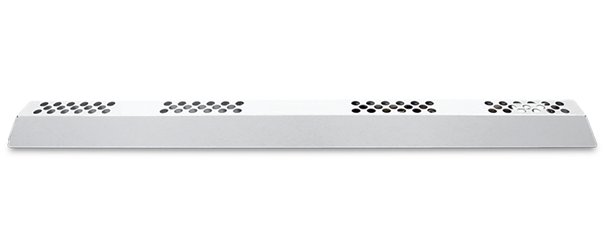 Metal linear HVAC air diffuser with circular perforations for ceiling mounting or surface mount ventilation swap-out