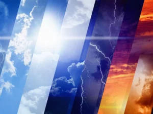A stylized collage of various weather conditions, including clear skies, clouds, lightning storms, and sunset skies—symbolizing the shifting climate patterns across seasons.