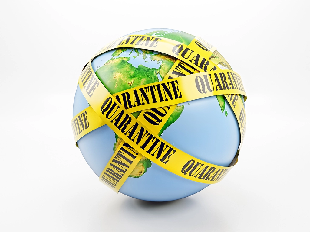 A globe wrapped in yellow caution tape with the word quarantine on it; we will see another pandemic, it is just when and it could be bacterial instead of viral.