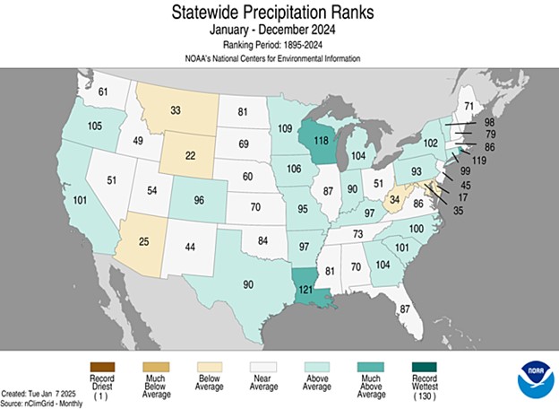 Map of the United States showing statewide precipitation ranks for 2024, with the eastern U.S. displaying a mix of record wettest (e.g., Rhode Island), above average, and near average rainfall, while parts of the Midwest and West show below average or much below average precipitation. Data is based on NOAA’s records from 1895–2024.