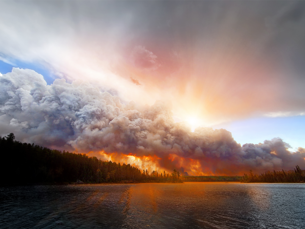 Wildfire in the background with thick plumes of smoke in the sky, wildfire smoke is known to affect cognitive abilities when exposed.