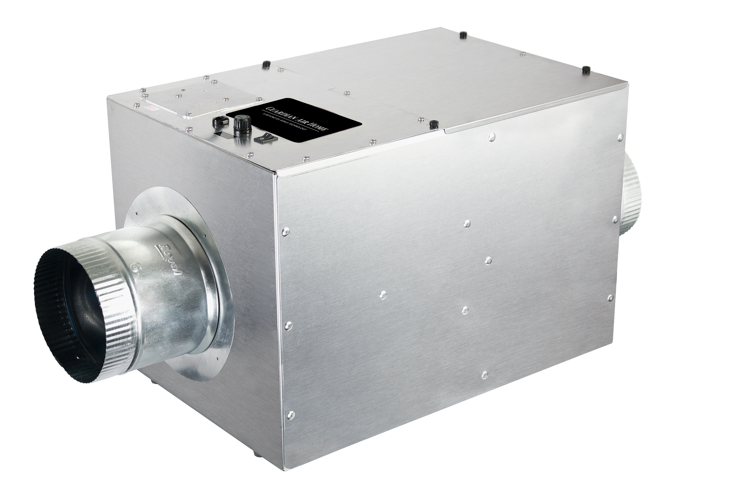Rectangular metal HVAC blower housing with a large round duct inlet on the left side and screw-fastened panels