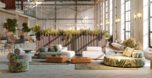 Contemporary designed building with stylish furniture. Air quality in buildings should be controlled with the same care as interior designers use to design spaces within building classes.