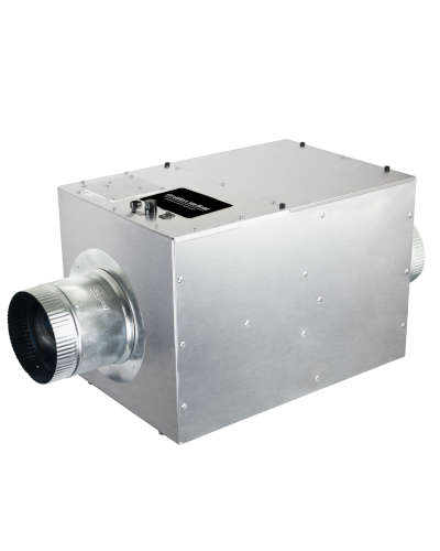 Industrial inline duct blower with a rectangular metal housing and a round duct connection on the side.