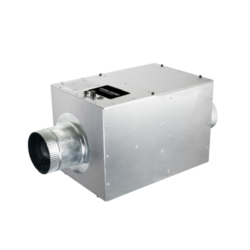 Industrial inline centrifugal blower with metal housing and round duct connections on both sides, left intake and right outlet.