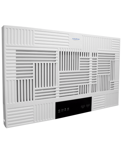 White wall-mounted acoustic panel with a geometric slotted pattern and a black bottom control panel for operation