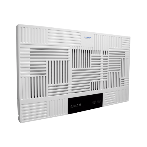 White rectangular wall-mounted electronic device with a decorative grid of vent panels and a black control panel at the bottom center, likely a ventilation/air treatment unit.